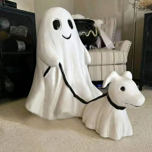 Ghost Walking Dog, Ghost Walking Ghost Dog, Ghoul Ghost Walker Walking Dog, Ghost Dog Walker Ghost Dog Statues Halloween Home Tabletop Decorations for Yard, Garden, Corridor (Classic, Small-9.84")
