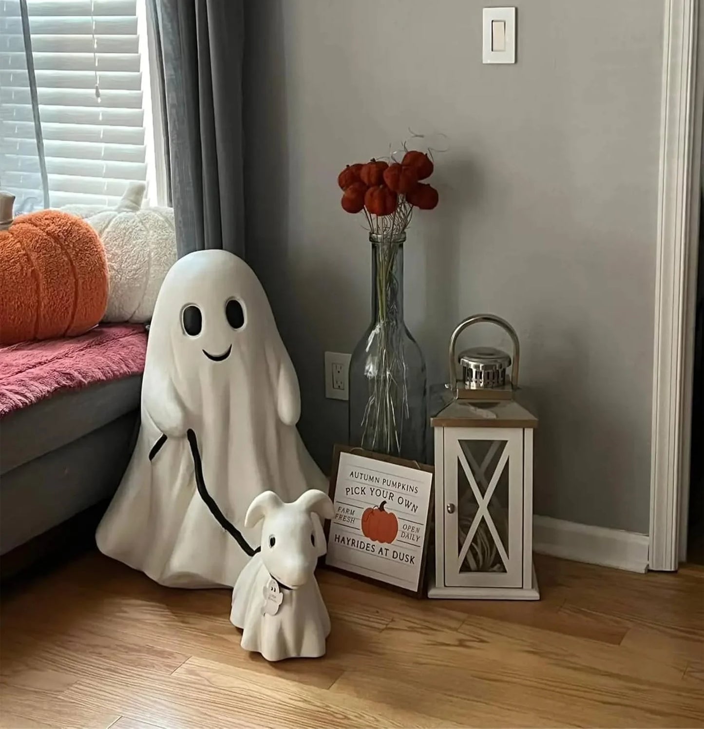 Ghost Walking Dog, Ghost Walking Ghost Dog, Ghoul Ghost Walker Walking Dog, Ghost Dog Walker Ghost Dog Statues Halloween Home Tabletop Decorations for Yard, Garden, Corridor (Classic, Small-9.84")