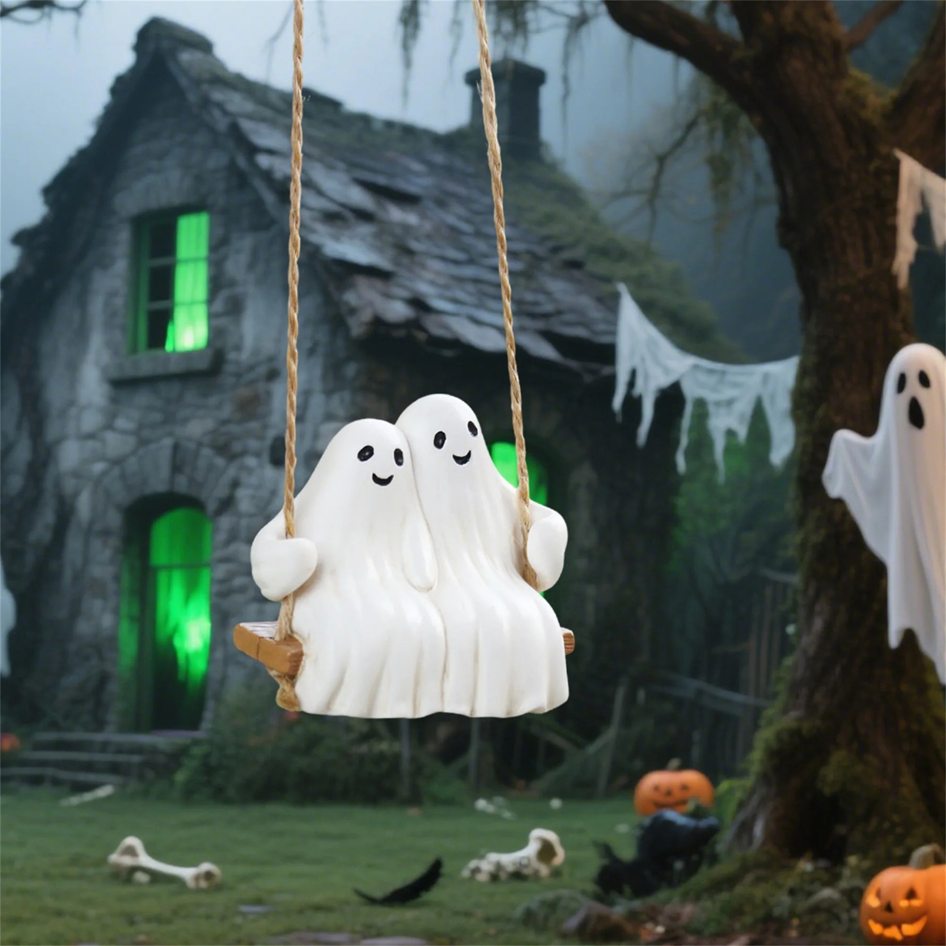 Spooky Halloween Skeleton Duo Figurine Adorable Skeletons Swinging Statue Yard Decor Hanging Outdoor Ornaments